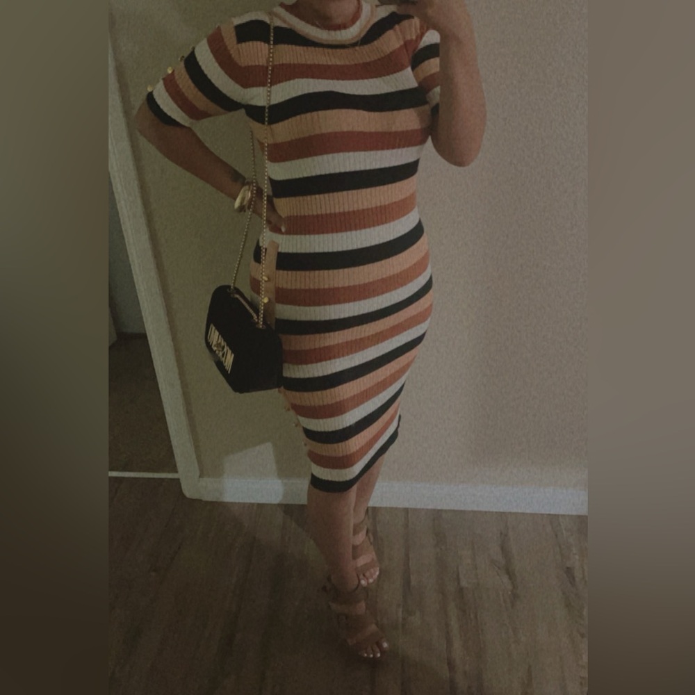 Fashion Nova Striped Midi Dress - Orange, Black, Cream
